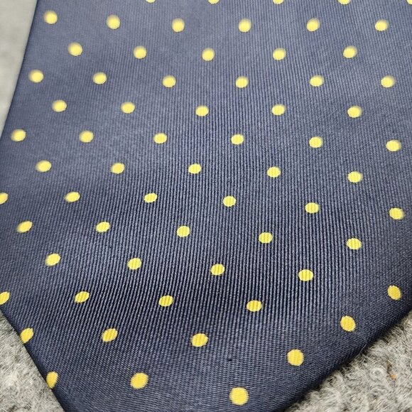 Jermyn Street London Men’s 100% Silk Necktie Yellow Polka Dot Navy Blue - Picture 2 of 8